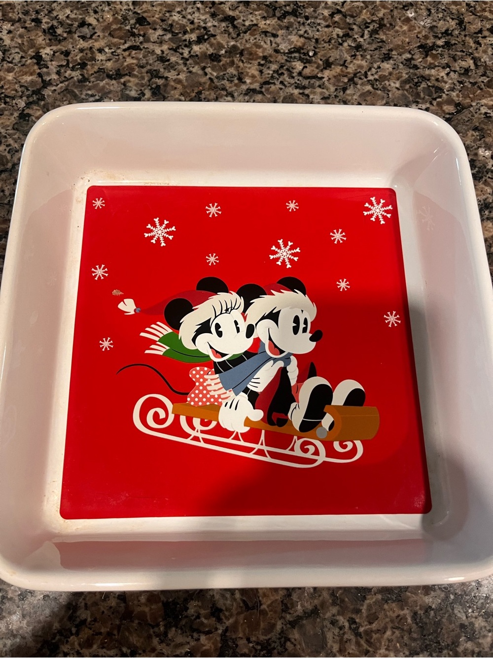 Disney Red and White Mickey & Minnie Holiday Sled 8x8 baking dish